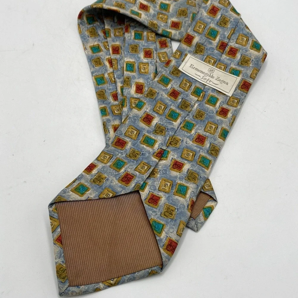 Ermenegildo Zegna Soft Mens Satin‎ 100% Silk Neck Tie Geometric Multicolor